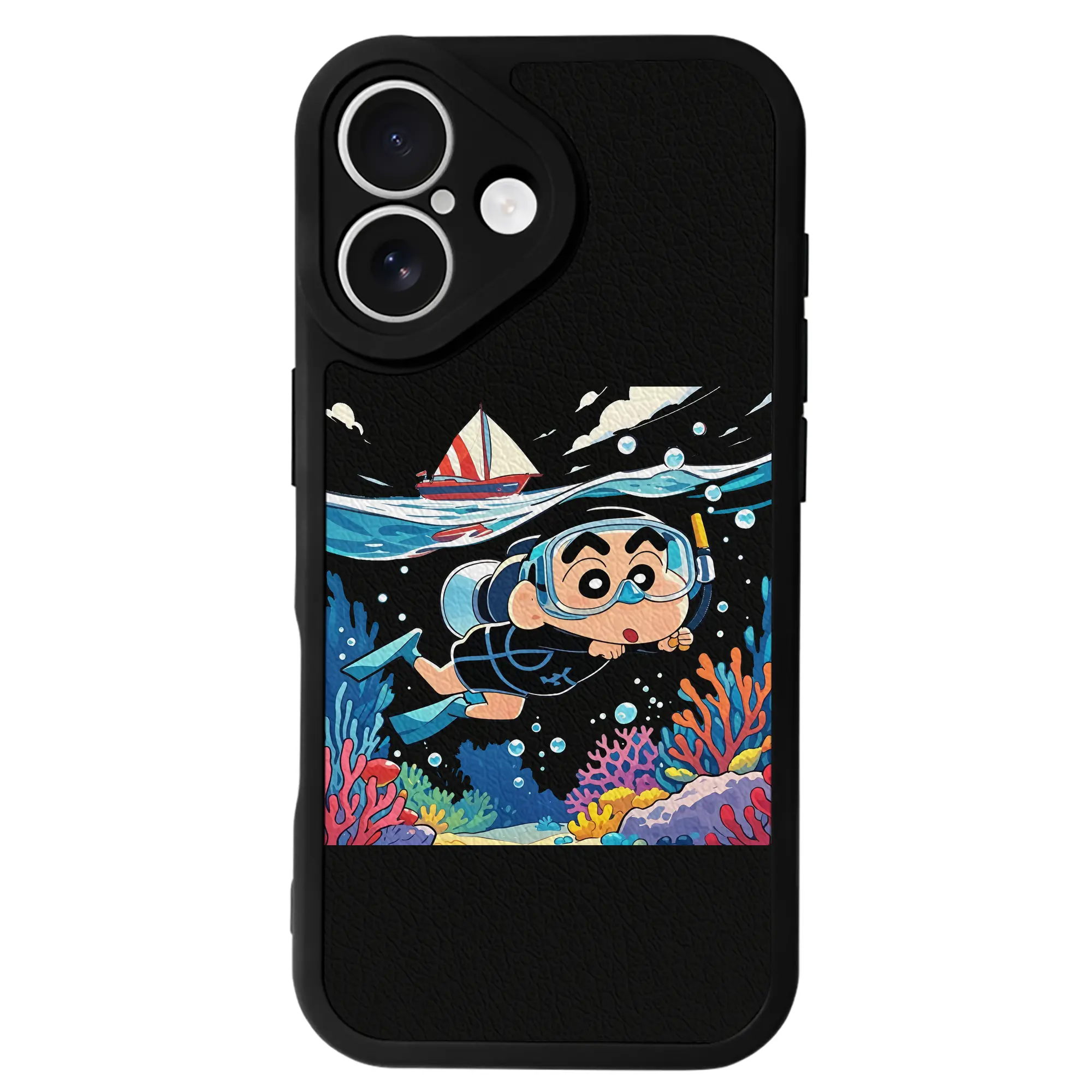 クレヨンしんちゃん グッズ 野原 しんのすけ - IPhone 16シリーズ対応 ・ シリコンスマホケース ・ レザー調 ・ 高精度フィット ・ 耐衝撃 ・ ワイヤレス充電対応 ・ 精密カット